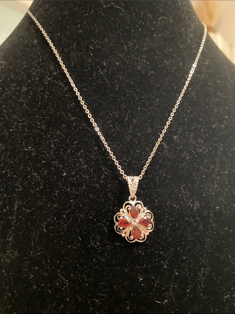 Silver Necklace with Red Gem Flower Pendant